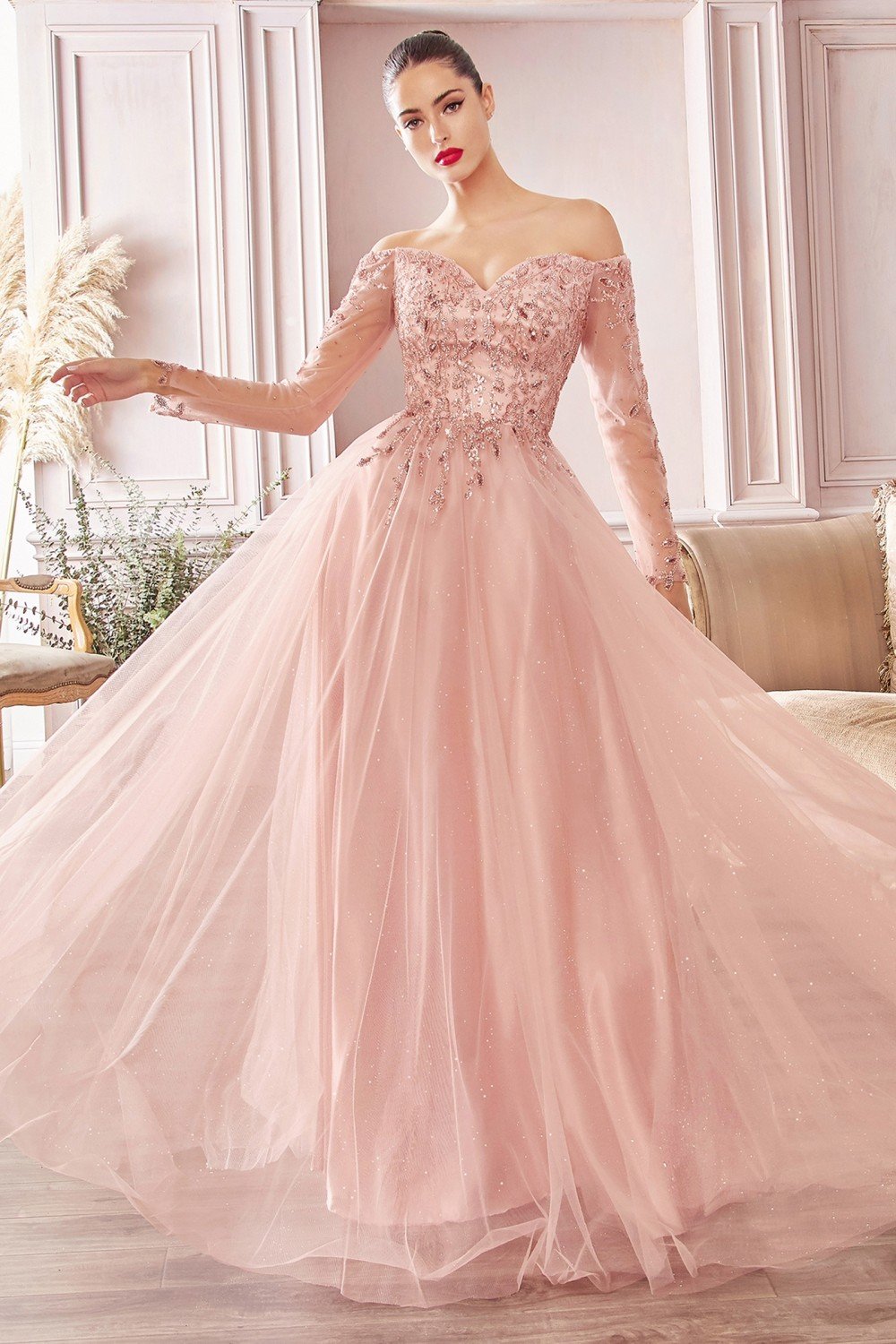 Ruffled Blush Pink Tulle Robe Dress with Long Sleeves - Lunss